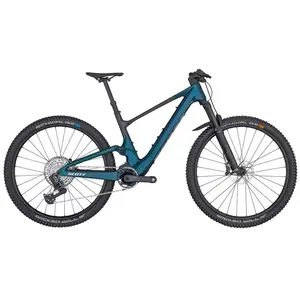 A Bicicleta Elétrica SCOTT Lumen eRIDE 900 tem Quadro em Carbono HMX, Suspensão FOX 34 Float Performance e SRAM GX AXS de 12VL.