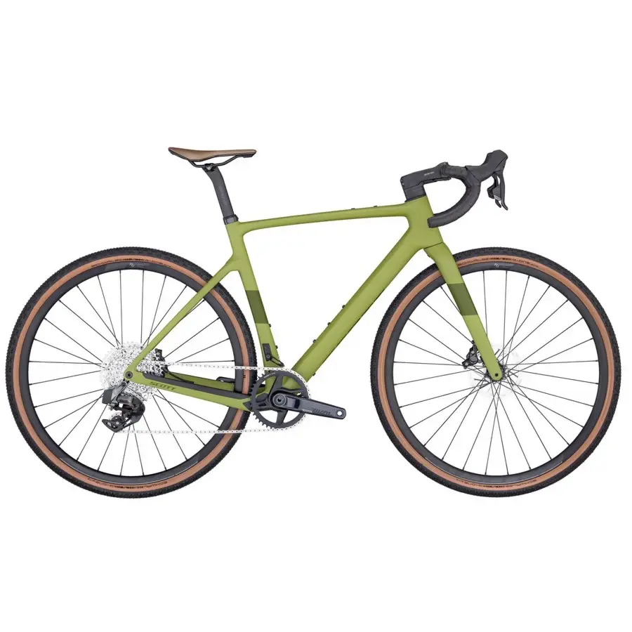 A Bicicleta SCOTT Addict Gravel 30 tem Quadro em Carbono HMF, Forqueta Addict Gravel Disc HMF e SRAM RIVAL XPLR AXS 1x12VL.