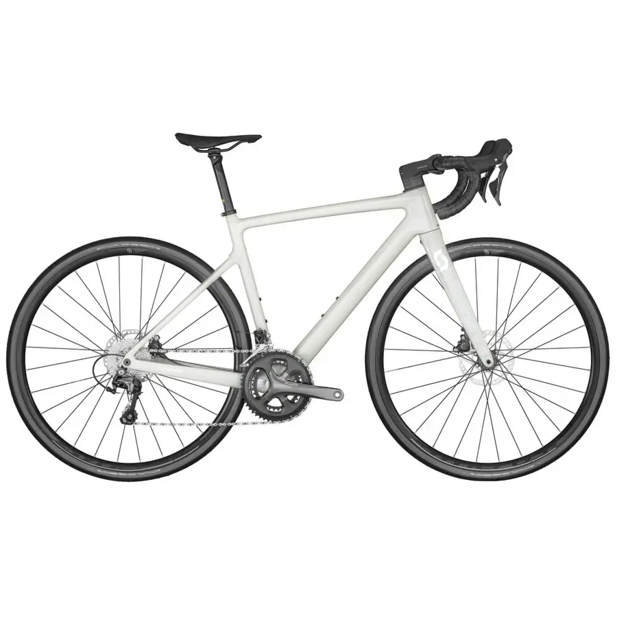 A Bicicleta SCOTT Contessa Addict 35 tem Quadro em Carbono HMF, Forqueta Addict HMF e Shimano Tiagra Disc de 20VL.